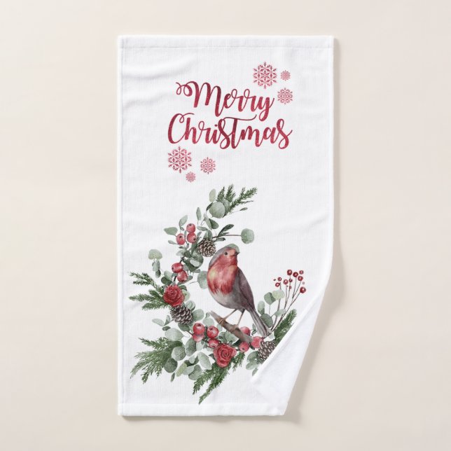 Couronne de fleurs aquarelle avec un cardinal roug (Serviette à main)