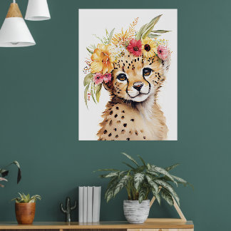 Couronne de fleurs de guépard Impression d'art Aqu