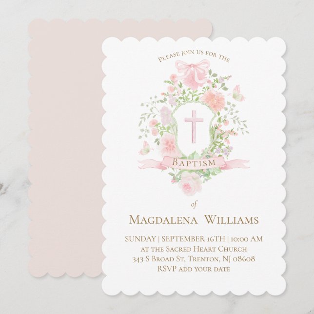couronne de fleurs | Invitation de baptême (Devant / Derrière)