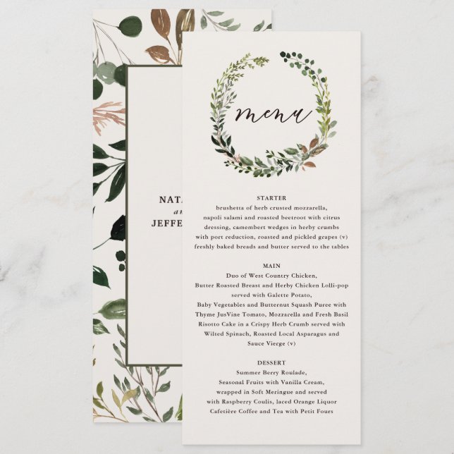 Couronne de fleurs mariage menu aquarelle verte (Devant / Derrière)