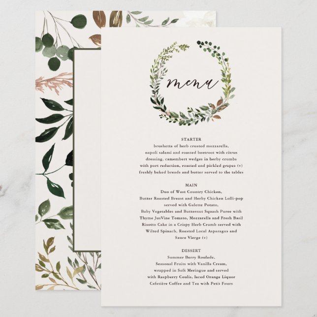 Couronne de fleurs mariage menu aquarelle verte (Devant / Derrière)