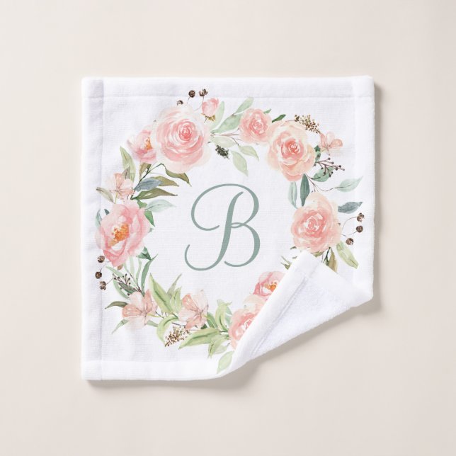 Couronne de fleurs rose pastel monogrammée (Gant de toilette)