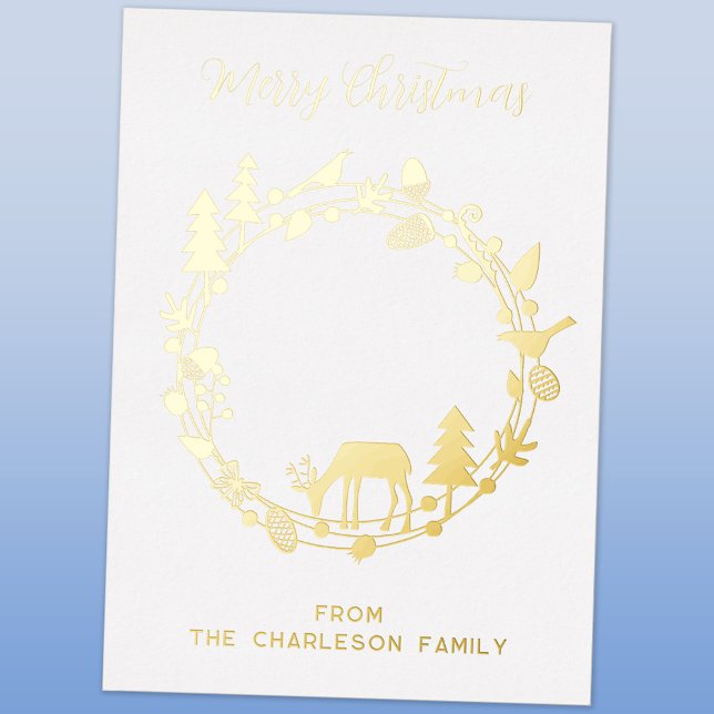 Couronne de forêt de cerfs Vacances Véritable Cart (Deer in the forest wreath Scandinavian style personalized foil card)