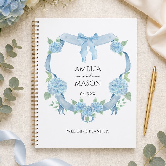 Couronne de mariage à l'aquarelle Hydrangea bleue (Blue Hydrangea Crest Watercolor Wedding Planner)