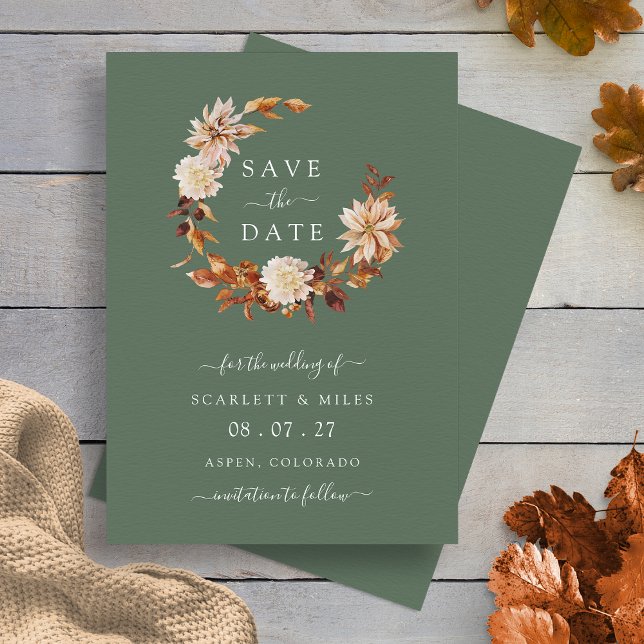 Couronne de mariage automnal Save The Date Sage (Boho Sage Green Fall Wreath Wedding Save The Date Invitation by Painted Paperie
)