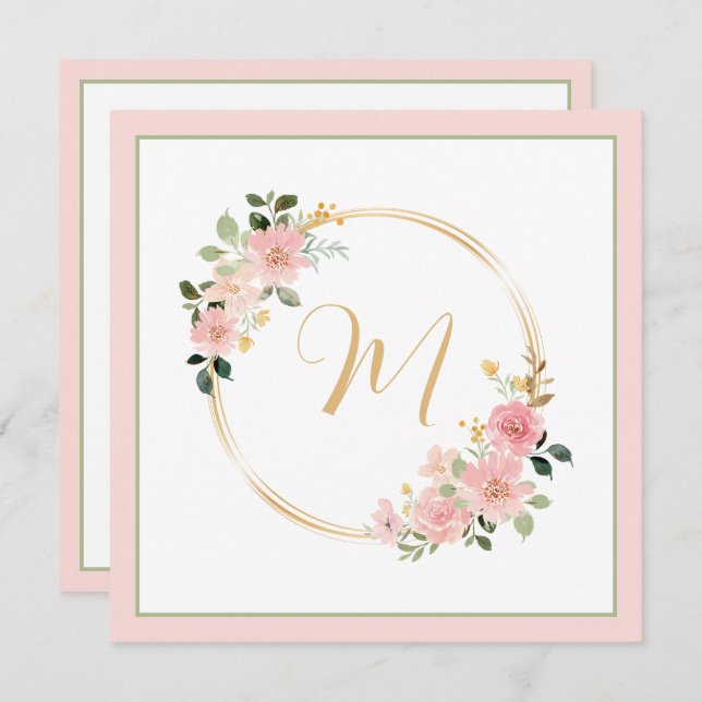Couronne de monogramme floral aquarelle rose et ve (Devant / Derrière)