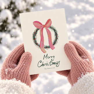 Couronne de Noël à ruban rose en aquarelle Carte d