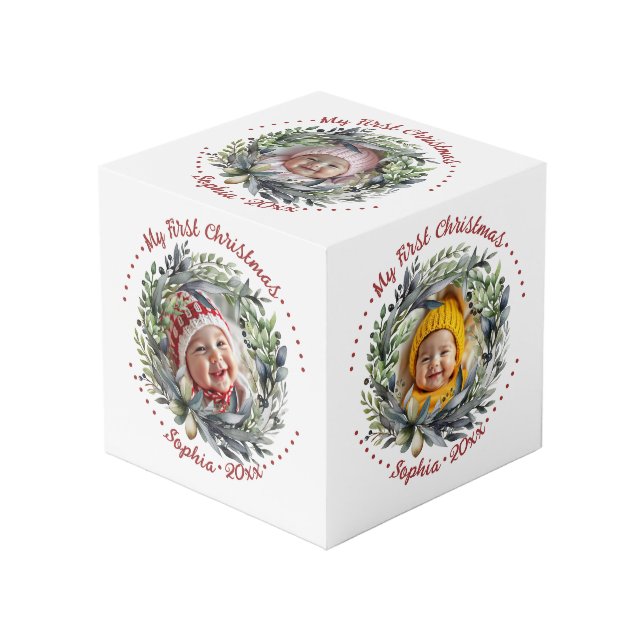 Couronne de Noël avec cube photo verdoyant (Angle devant)