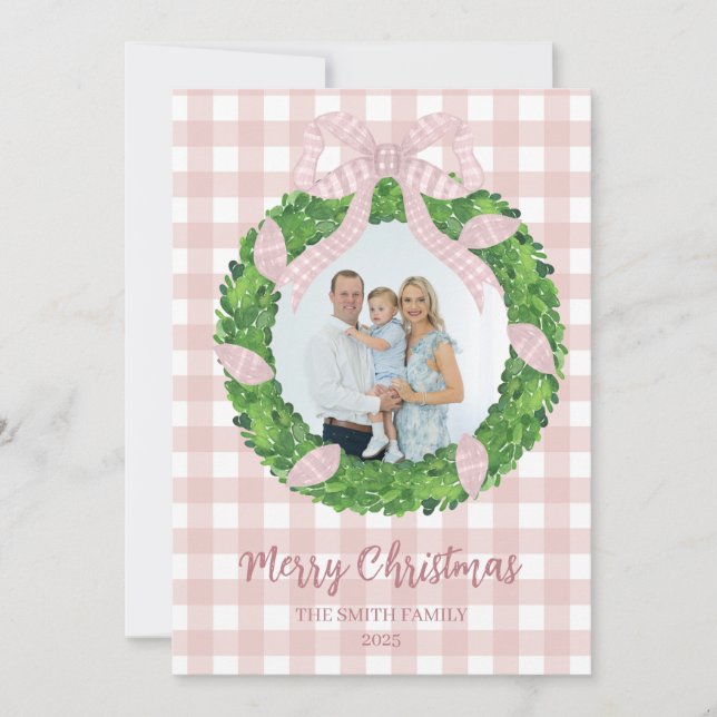 Couronne de Noël avec ruban rose pour carte de vac (Devant)