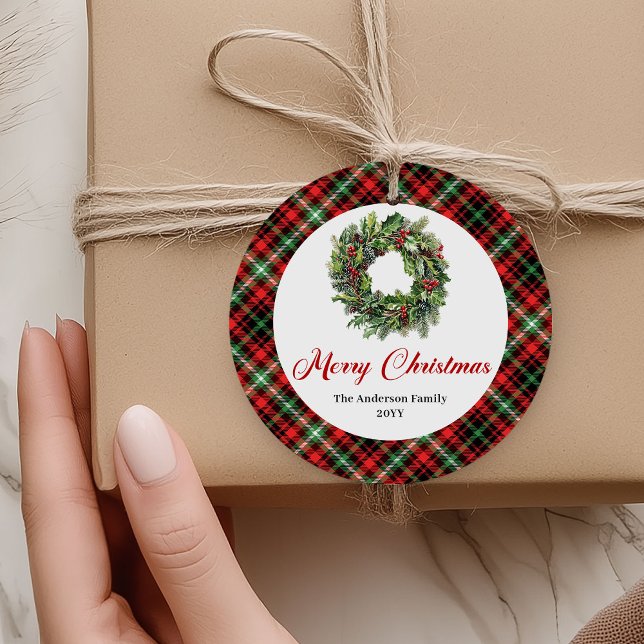 Couronne de Noël en pin rustique étiquette personn (Rustic Pine Wreath Christmas Tag Personalized)