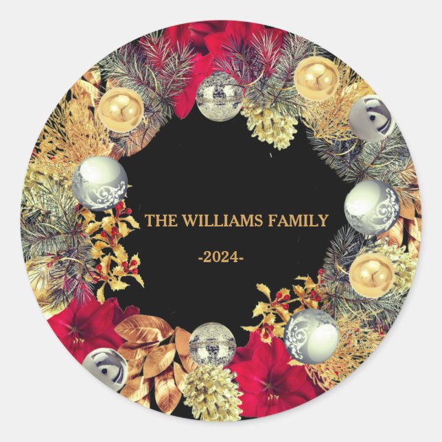 Couronne de Noël Nom de famille Sticker rond class (Devant)