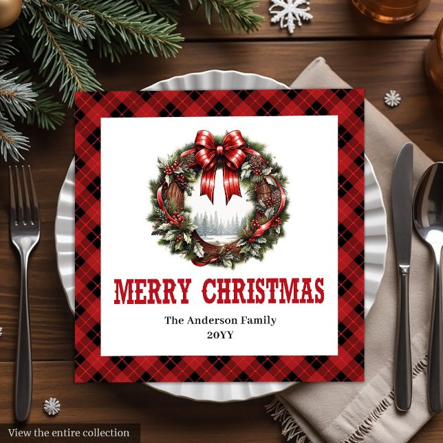 Couronne de Noël occidentale serviettes en papier  (Western Christmas wreath red black buffalo napkins)