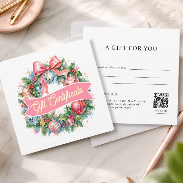 Couronne de Noël Rétro Disco Carte Cadeau QR Code (Retro Disco Christmas Wreath QR Code White Gift Certificate)