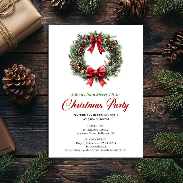 Couronne de pin aquarelle Invitation de fête rouge (Watercolor Pine Wreath Red Green Party Invite)