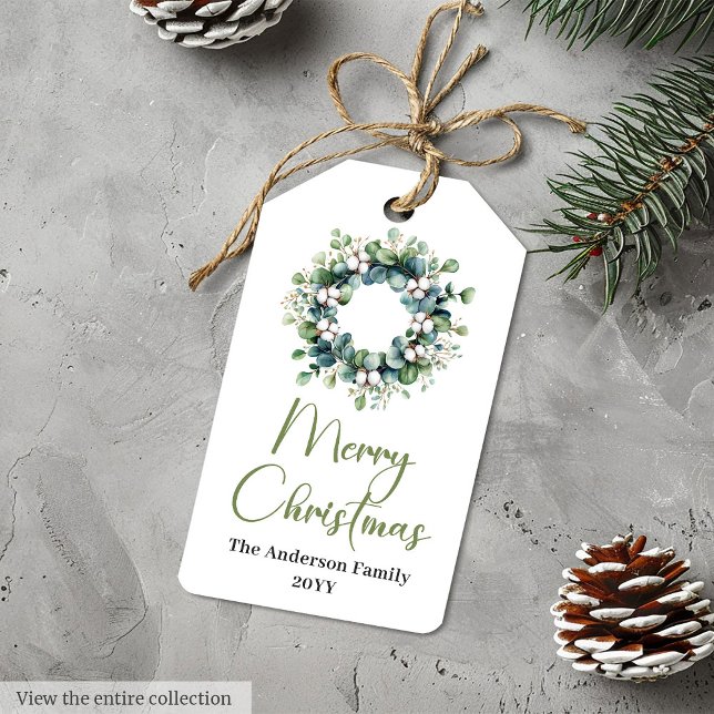 Couronne de pin Bohème scandinave étiquette de cad (Boho Scandinavian Pine Wreath Xmas Gift Tag)