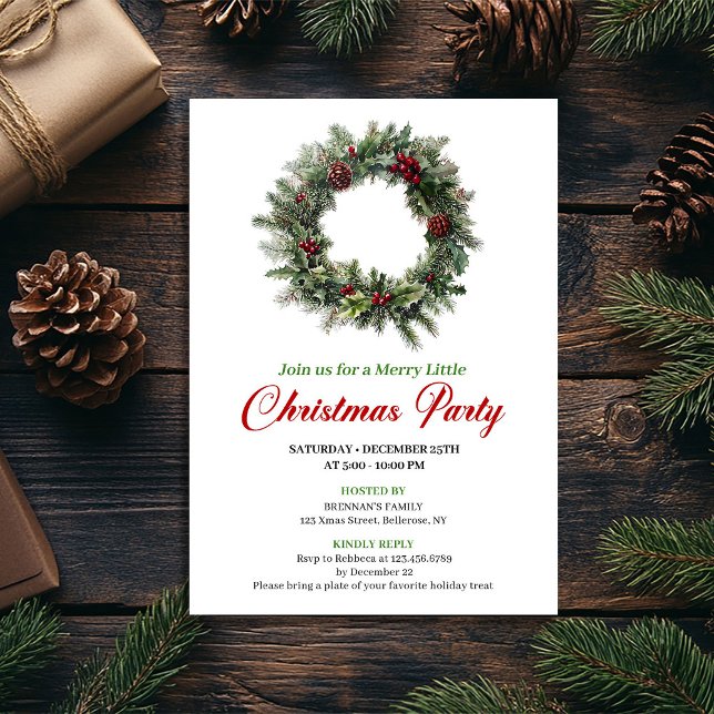 Couronne de pin classique Invitation de fête de No (Classic Pine Wreath Christmas Party Editable)