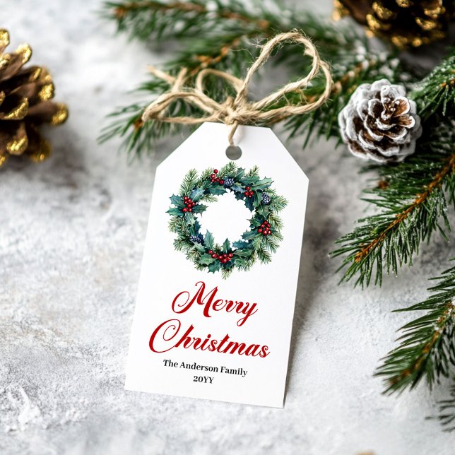 Couronne de pin élégante Étiquette de Noël avec no (Elegant Pine Wreath Christmas Tag with Name)
