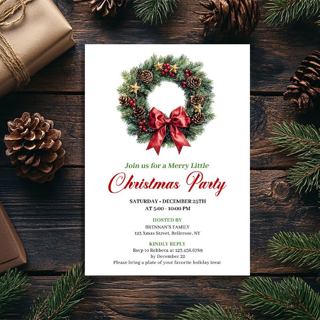Couronne de pin festive Carte de Noël éditable pou (Festive Pine Wreath Christmas Party Editable Card)