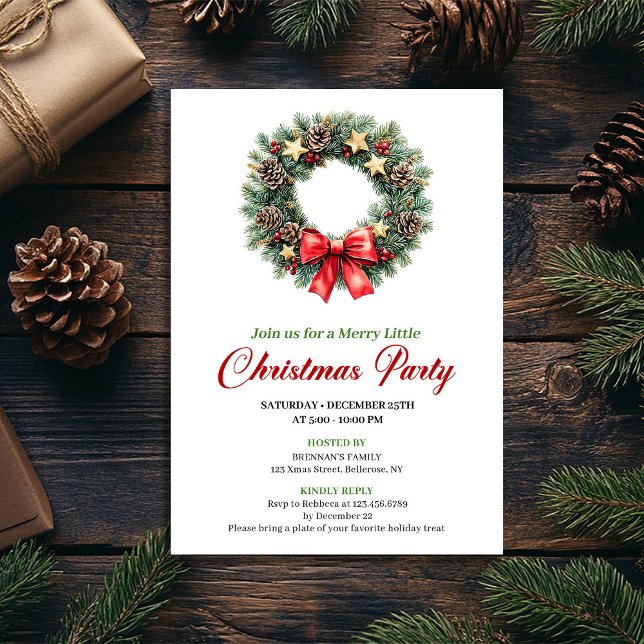Couronne de pin rouge chic pour carte de Noël (Chic Red Green Pine Wreath Christmas Party Card)