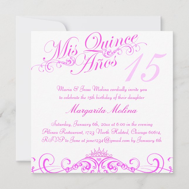 Couronne de Princesse Rose Invitation Quinceanera (Devant)