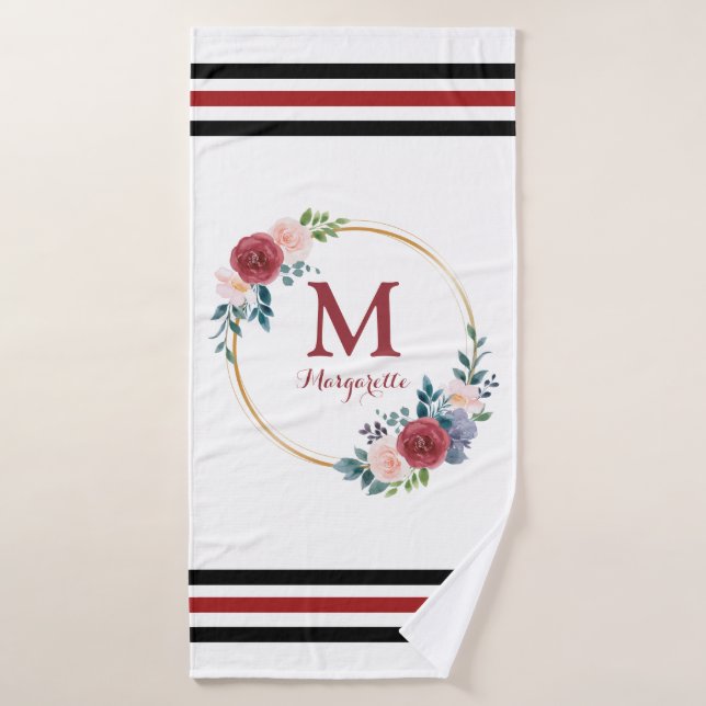 Couronne de Rose de Bourgogne Monogramme et nom pe (Serviette de bain)