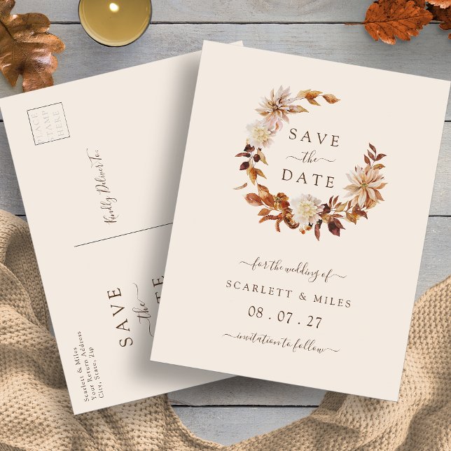 Couronne de terre cuite d'automne Faire-part de ma (Fall Terracotta Wreath Wedding Save the Dates Announcement Postcard by Painted Paperie
)