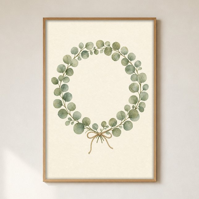 Couronne d'eucalyptus Affiche Cottagecore Aquarell (Shown framed for scale. Poster ships unframed; frames are an optional add-on.)