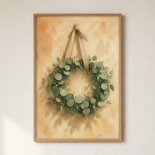 Couronne d'eucalyptus sur Affiche en aquarelle sur (Shown framed for scale. Poster ships unframed; frames are an optional add-on.)