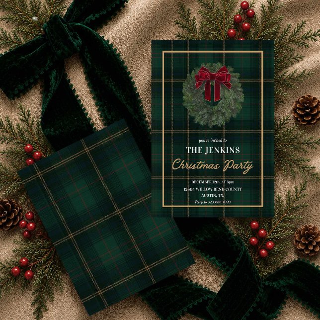 Couronne d'hiver élégante Carte de fête de Noël (Green Plaid and Wreath Christmas Party Invitation)