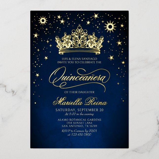 Couronne Diadème Navy Or Invitation Quinceañera (Recto)