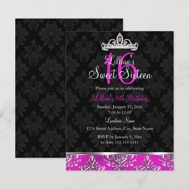 Couronne en Damas noir rose chaud Invitation Sweet (Devant / Derrière)