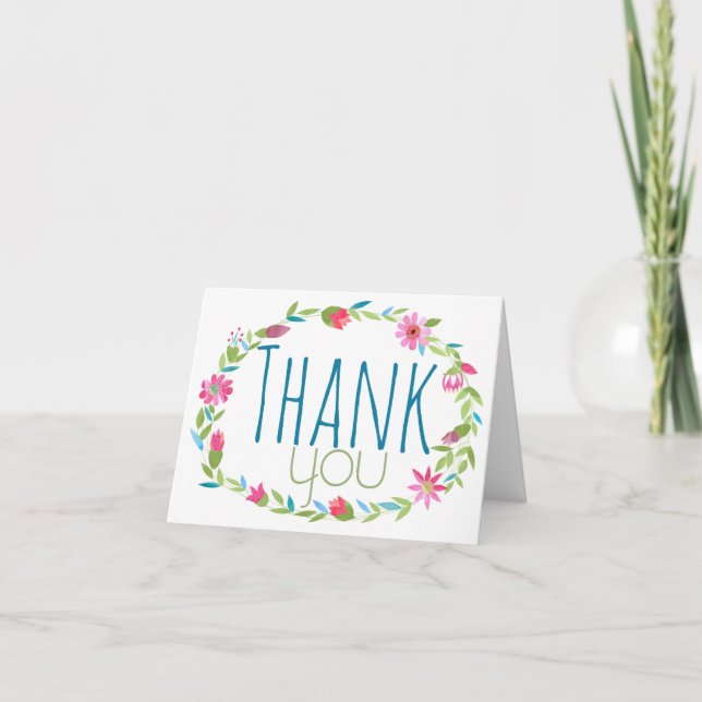 Couronne florale aquarelle rose bleu vert Merci (Devant)