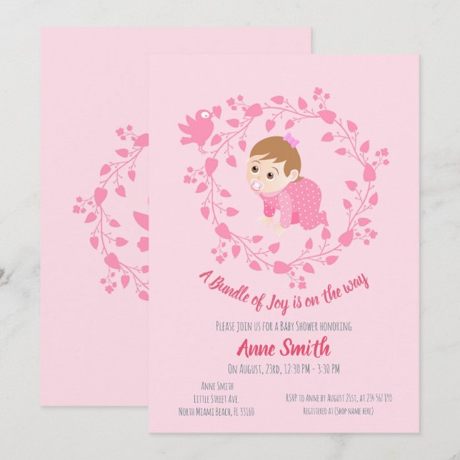 Couronne florale Bébé fille Douche Invitation (Devant / Derrière)