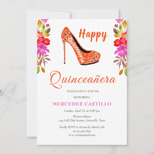 Couronne florale boho rose Invitation Quinceañera (Devant)