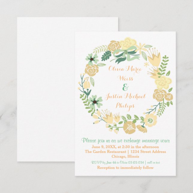 Couronne florale de pêche - Faire-part de mariage  (Devant / Derrière)