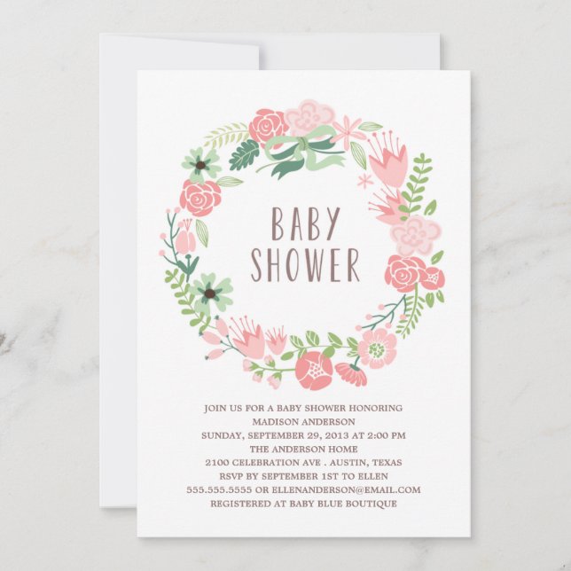 Couronne florale | Invitation à une baby shower (Devant)
