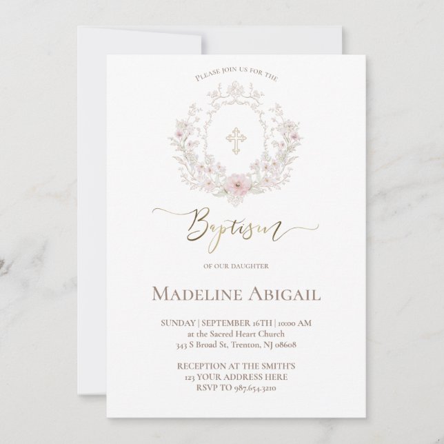 couronne florale | Invitation de baptême (Devant)