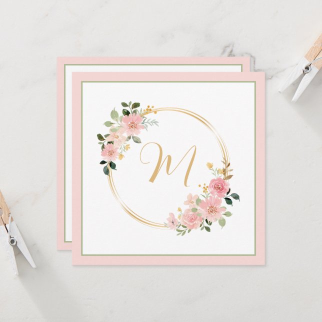 Couronne florale monogramme aquarelle rose et vert (Devant/Arrière en situation)