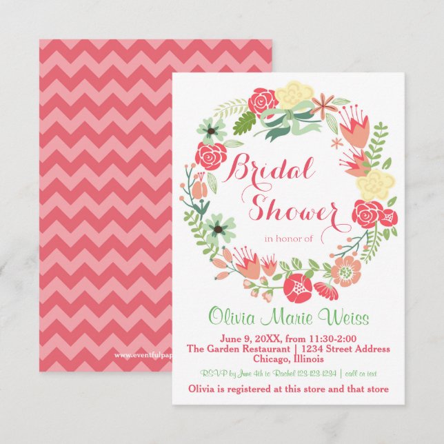 Couronne florale rose - Invitation de Baby Shower  (Devant / Derrière)