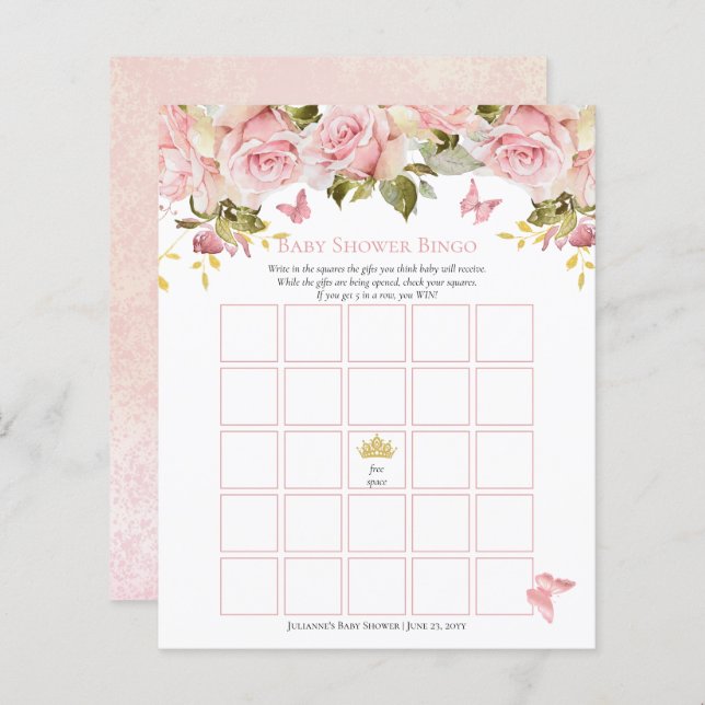 Couronne | Papillons Floral Baby shower Bingo Card (Devant / Derrière)