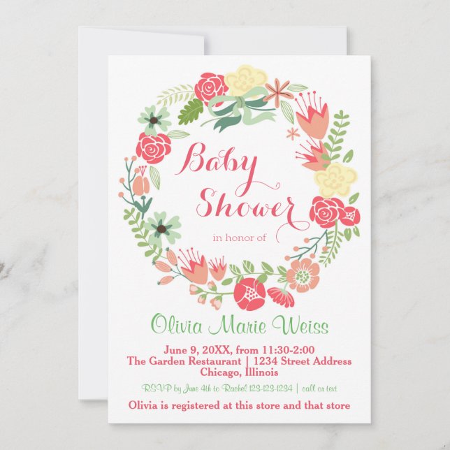Couronne rose florale - Invitation Baby shower (Devant)