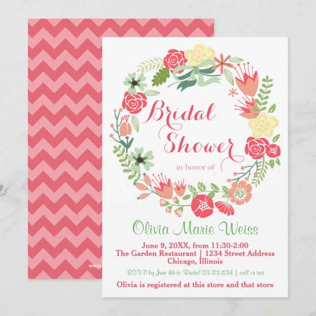 Couronne rose florale - Invitation Fête des mariée (Devant / Derrière)