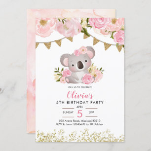 Couronne rose florale Koala Invitation d'anniversa