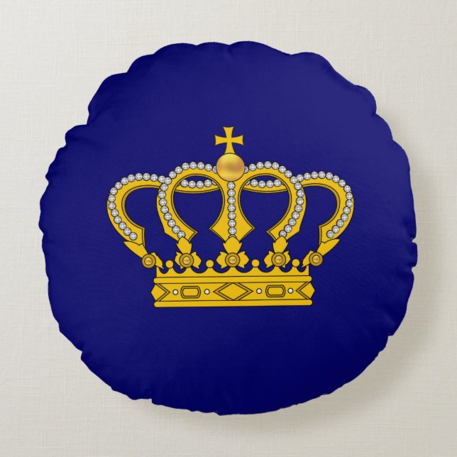 Couronne Royale Dorée sur Coussin Rond Bleu Royal (Devant)
