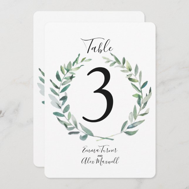 Couronne Rustic Green | Cartes de numéros de table (Devant / Derrière)