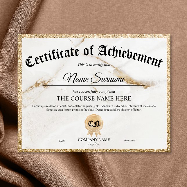 Cours de remise de certificat d'excellence (white marble with gold glitter border certificate of achievement)