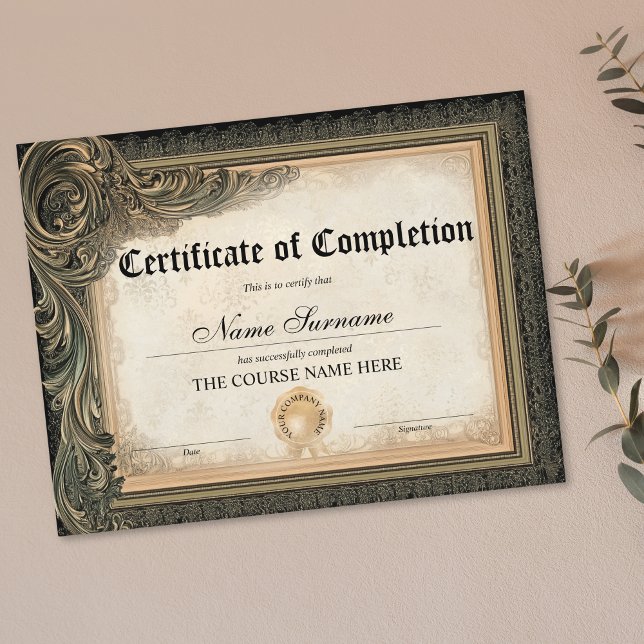 Cours vintage d'attribution de certificat d'achève (vintage golden frame certificate of completion)