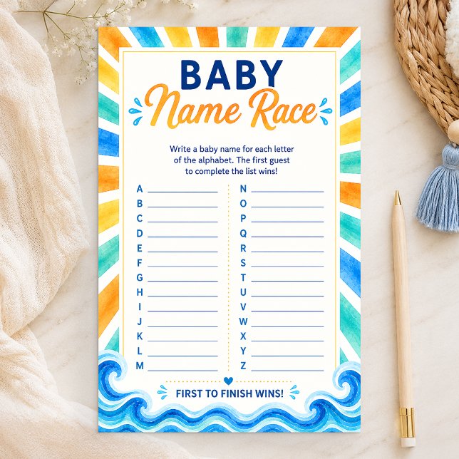 Course au prénom de bébé Voici venir le fils Jeu d (Name Race Baby Shower Game Card)
