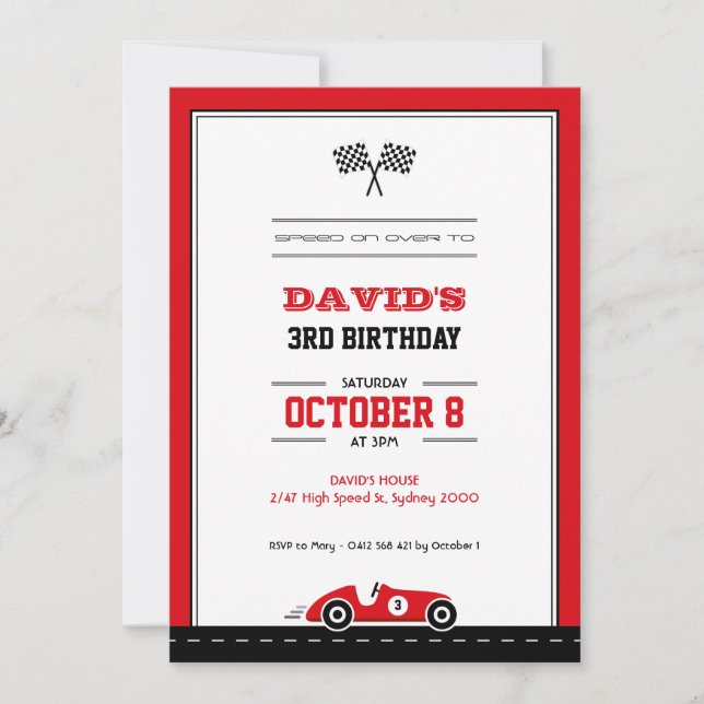 Course automobile Anniversaire Invitation (Devant)