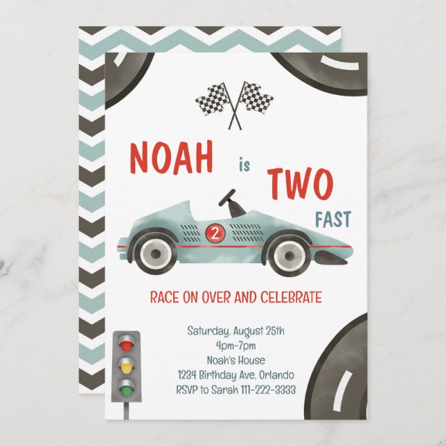 Course Car Two Fast 2nd Birthday Invitation (Devant / Derrière)